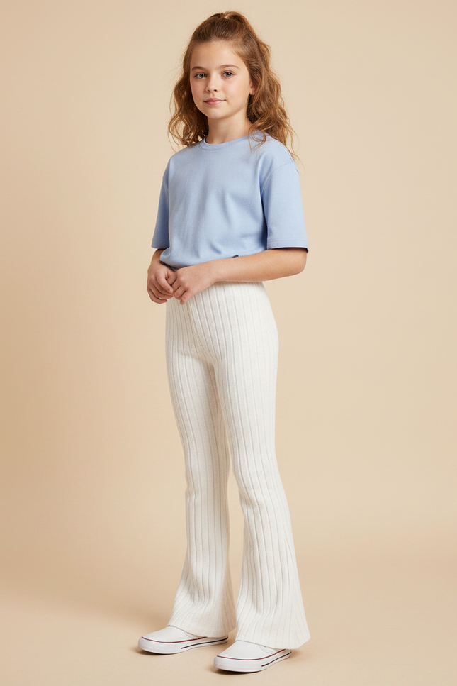 Pantalon Patte D'Éléphant Blanc Tricot Côtelé Confortable Fille - Maille
