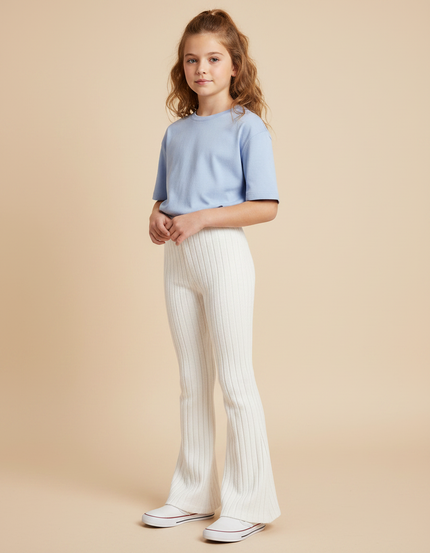 Pantalon Patte D'Éléphant Blanc Tricot Côtelé Confortable Fille - Maille