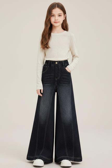 Pantalon Patte D'Éléphant Denim Fille Ample Décontracté - Marine Jean