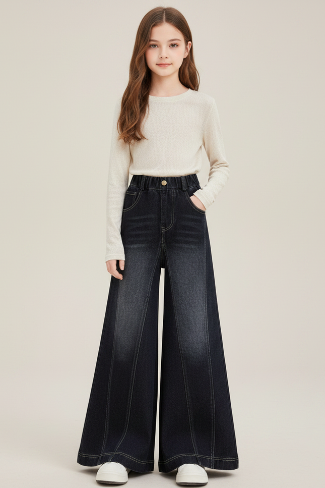 Pantalon Patte D'Éléphant Denim Fille Ample Décontracté - Marine Jean