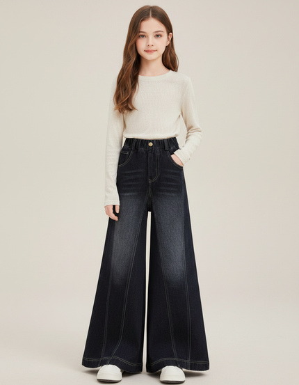 Pantalon Patte D'Éléphant Denim Fille Ample Décontracté - Marine Jean