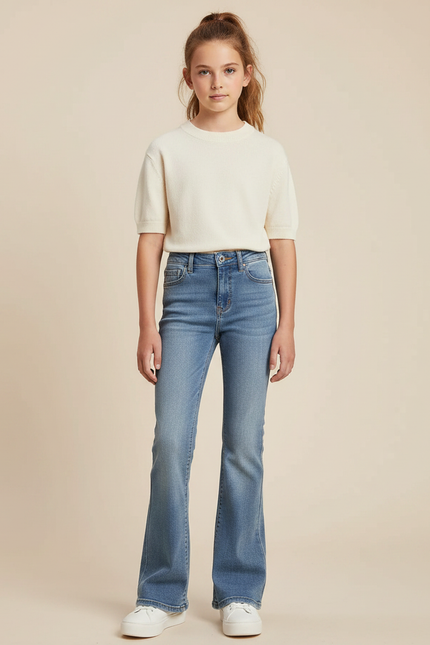 Pantalon Patte D'Éléphant Denim Bleu Clair Taille Haute Fille - Jean