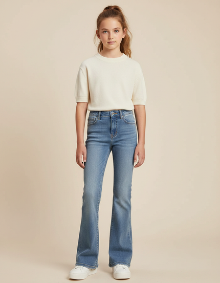 Pantalon Patte D'Éléphant Denim Bleu Clair Taille Haute Fille - Jean