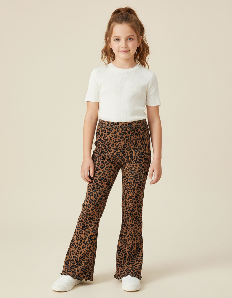 Pantalon Patte D'Éléphant Léopard Marron Évasé Confortable Fille - Maille