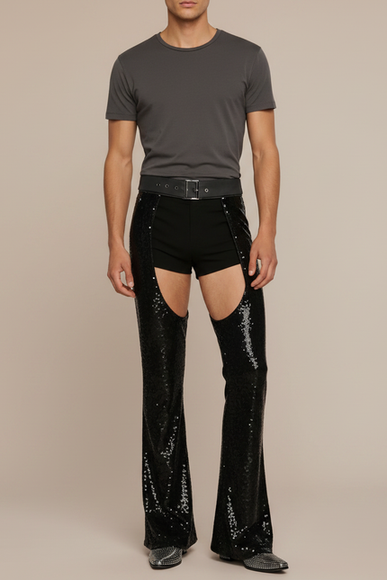 Pantalon Patte D'Éléphant Pailleté Noir Évasé Ouvert Homme - Polyester