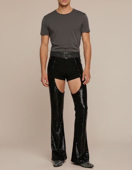 Pantalon Patte D'Éléphant Pailleté Noir Évasé Ouvert Homme - Polyester
