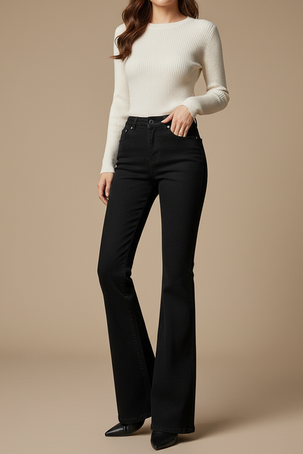 Pantalon Patte D'Éléphant Noir Denim Évasé Stretch Femme - Jean