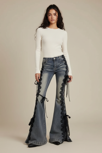 Pantalon Patte D'Éléphant Denim Évasé Lacets Dentelle Femme - Bleu Jean