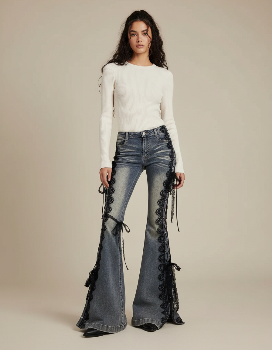 Pantalon Patte D'Éléphant Denim Évasé Lacets Dentelle Femme - Bleu Jean