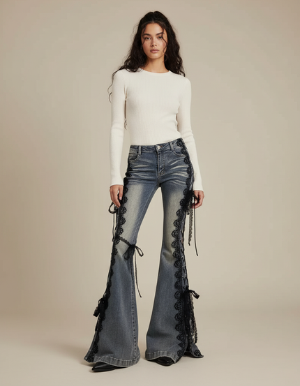 Pantalon Patte D'Éléphant Denim Évasé Lacets Dentelle Femme - Bleu Jean