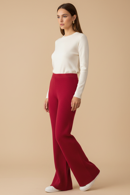 Pantalon Patte D'Éléphant Rouge Laine Tricoté Ample Hiver