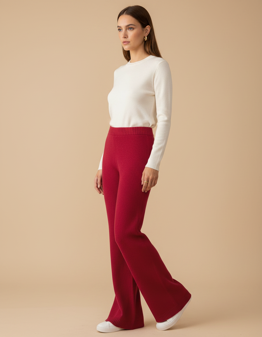 Pantalon Patte D'Éléphant Rouge Laine Tricoté Ample Hiver