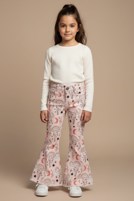Pantalon Patte D'Éléphant Rose Imprimé Crânes Évasé Fille - Jean