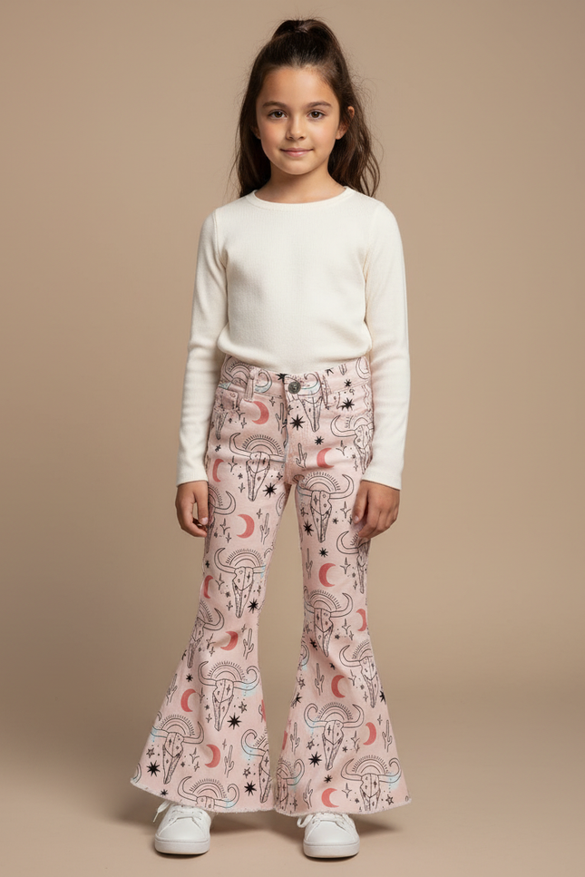 Pantalon Patte D'Éléphant Rose Imprimé Crânes Évasé Fille - Jean