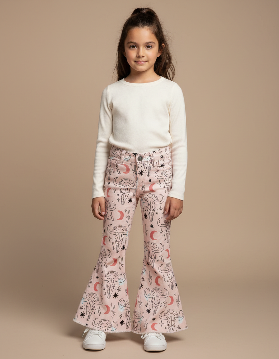 Pantalon Patte D'Éléphant Rose Imprimé Crânes Évasé Fille - Jean