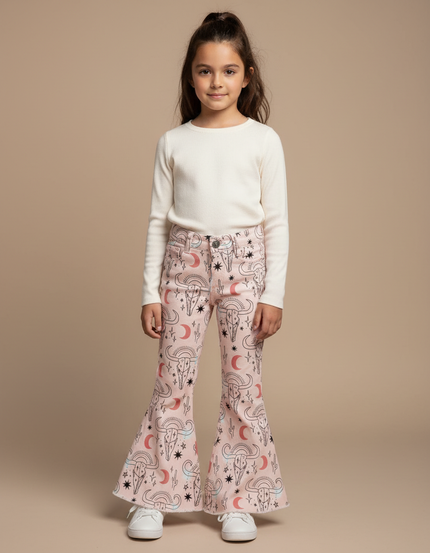 Pantalon Patte D'Éléphant Rose Imprimé Crânes Évasé Fille - Jean