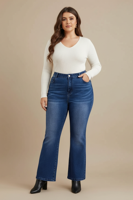 Pantalon Patte D'Éléphant Denim Bleu Taille Haute Femme - Jean