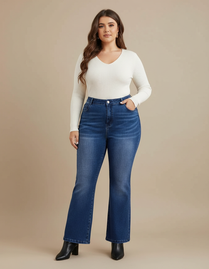 Pantalon Patte D'Éléphant Denim Bleu Taille Haute Femme - Jean