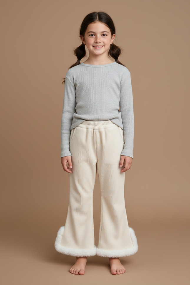 Pantalon Patte D'Éléphant Crème Côtelé Doux Fourrure Enfant - Beige Cordé