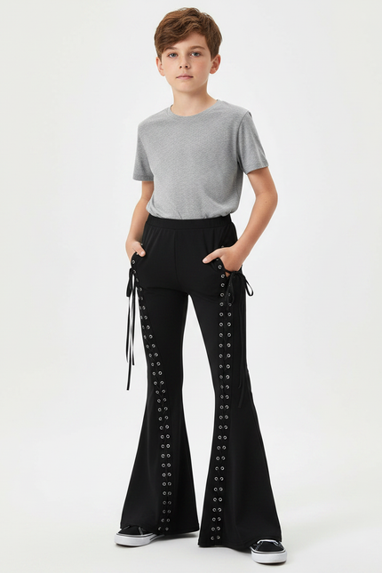 Pantalon Patte D'Éléphant Noir Lacets Œillets Évasé Garçon - Maille
