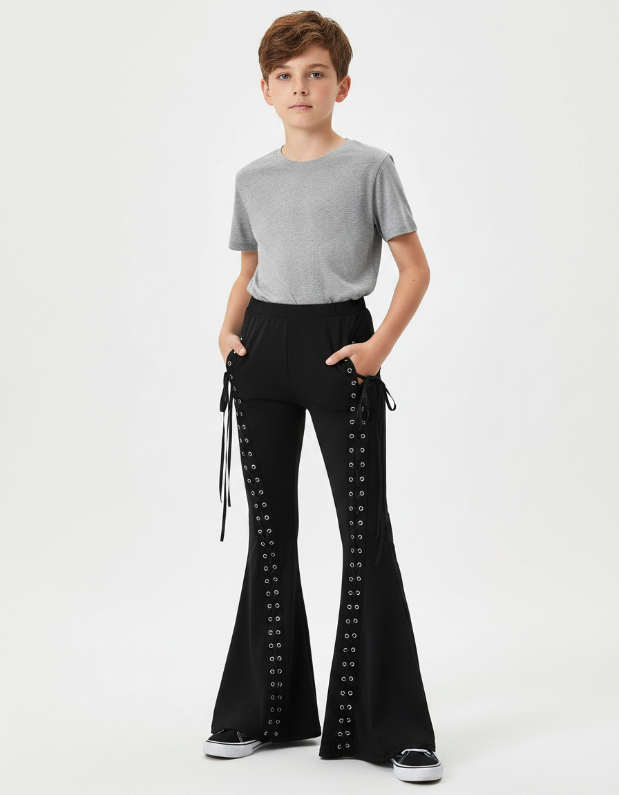 Pantalon Patte D'Éléphant Noir Lacets Œillets Évasé Garçon - Maille