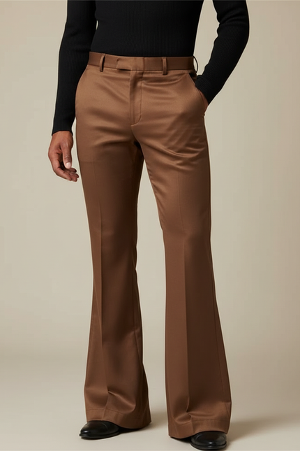 Pantalon Patte D'Éléphant Marron Élégant Coupe Évasée Homme - Satin