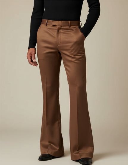 Pantalon Patte D'Éléphant Marron Élégant Coupe Évasée Homme - Satin