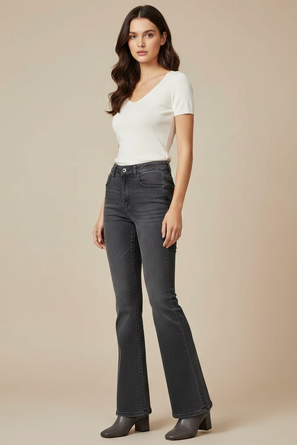 Pantalon Patte D'Éléphant Jean Gris Taille Haute Évasé Femme