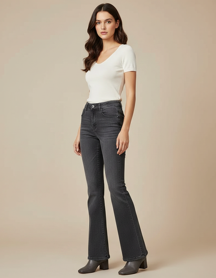 Pantalon Patte D'Éléphant Jean Gris Taille Haute Évasé Femme