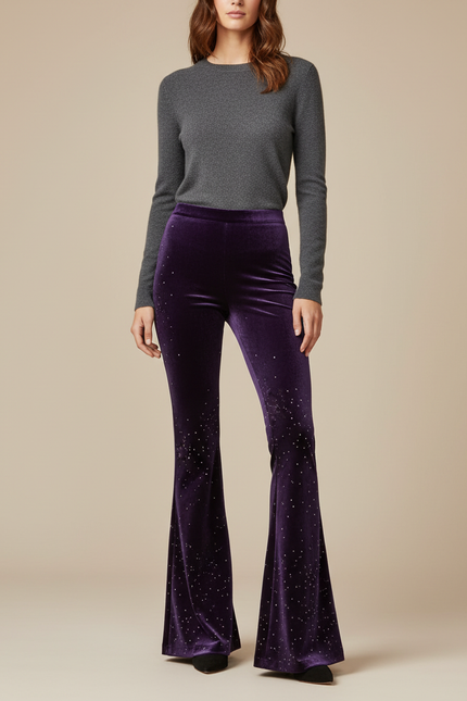 Pantalon Patte D'Éléphant Velours Violet Brodé Évasé Femme