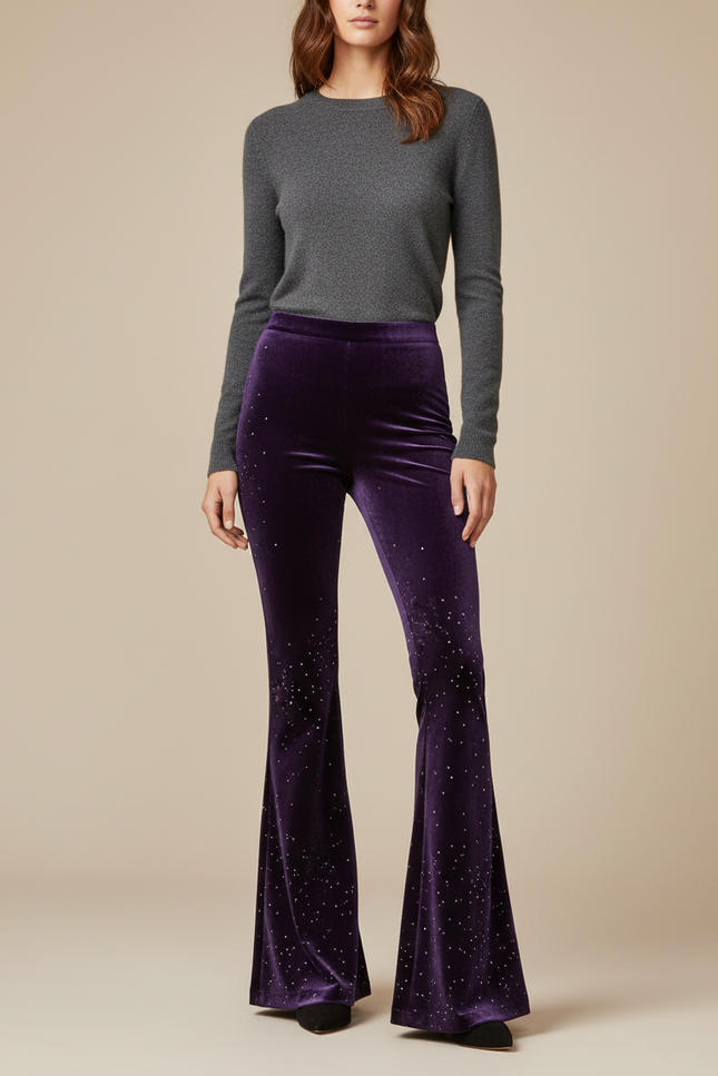 Pantalon Patte D'Éléphant Velours Violet Brodé Évasé Femme
