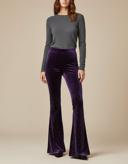 Pantalon Patte D'Éléphant Velours Violet Brodé Évasé Femme