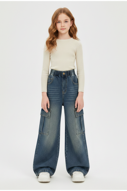 Pantalon Patte D'Éléphant Cargo Denim Large Enfant - Bleu Jean