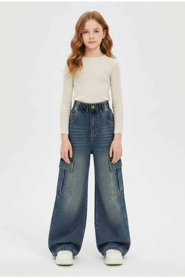 Pantalon Patte D'Éléphant Cargo Denim Large Enfant - Bleu Jean