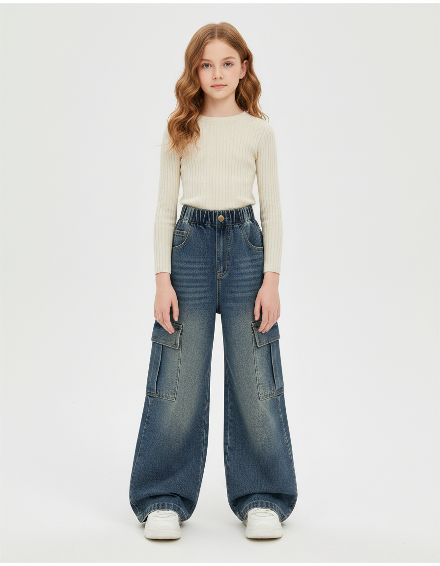 Pantalon Patte D'Éléphant Cargo Denim Large Enfant - Bleu Jean