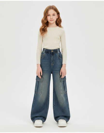 Pantalon Patte D'Éléphant Cargo Denim Large Enfant - Bleu Jean