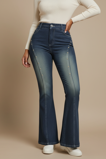 Pantalon Patte D'Éléphant Denim Bleu Délavé Clouté Taille Haute - Jean