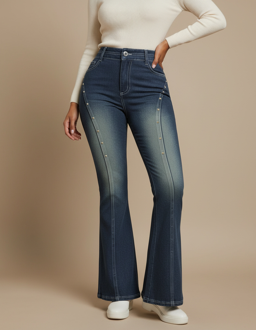 Pantalon Patte D'Éléphant Denim Bleu Délavé Clouté Taille Haute - Jean