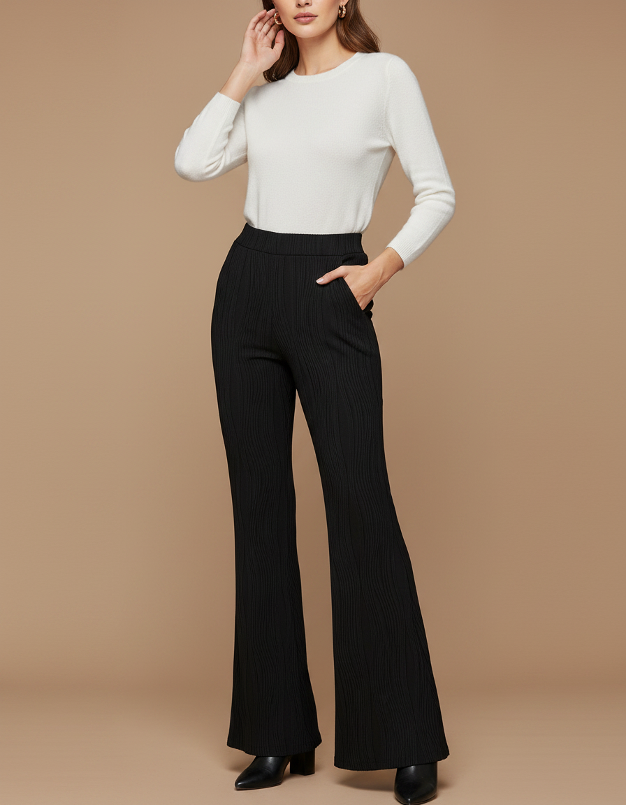 Pantalon Patte D'Éléphant Noir Texturé Fluide Confortable - Maille