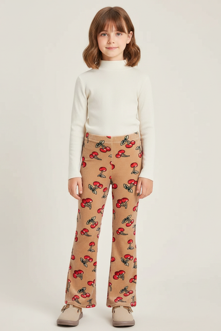 Pantalon Patte D'Éléphant Velours Cerises Imprimé Hiver Enfant - Beige