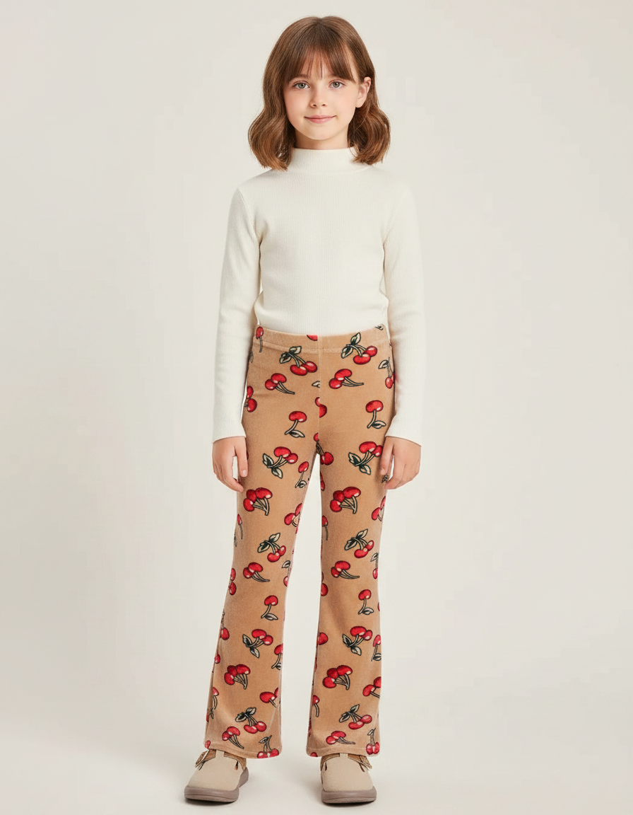 Pantalon Patte D'Éléphant Velours Cerises Imprimé Hiver Enfant - Beige