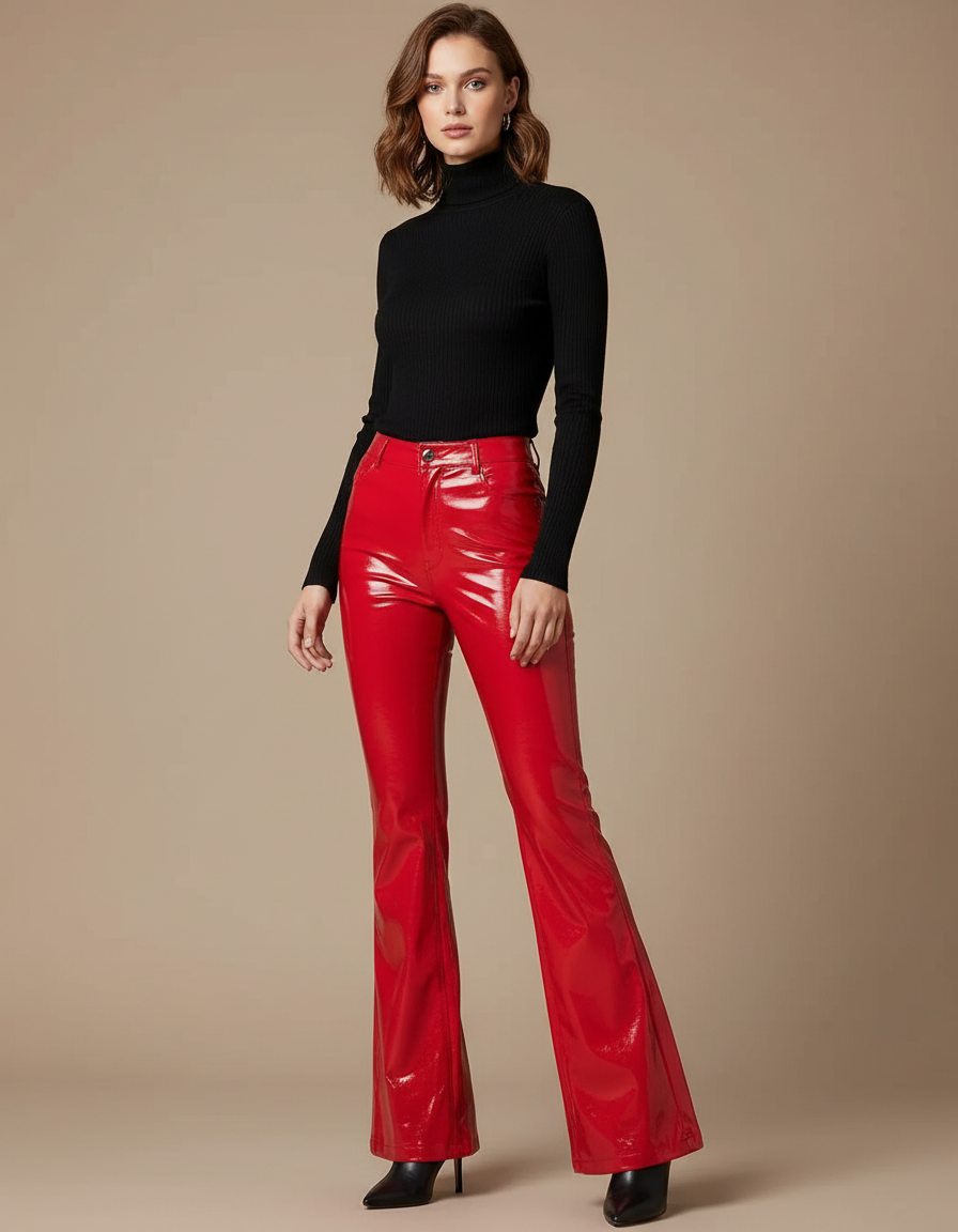 Pantalon Patte D'Éléphant Rouge Brillant Taille Haute Évasé - Simili cuir