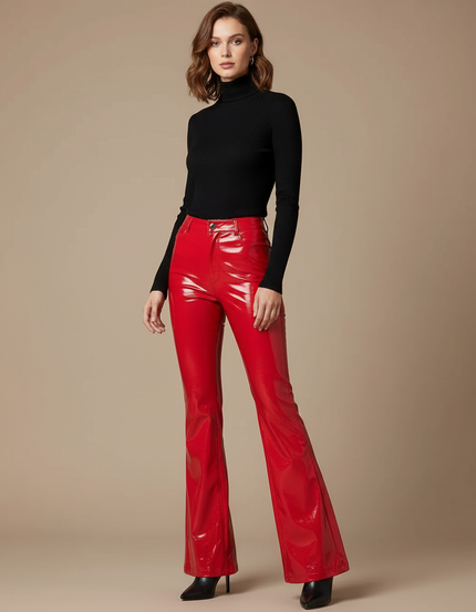 Pantalon Patte D'Éléphant Rouge Brillant Taille Haute Évasé - Simili cuir