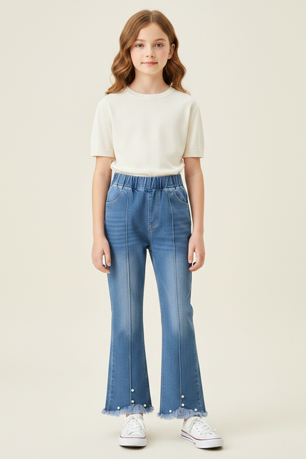 Pantalon Patte D'Éléphant Denim Bleu Élastique Perles Franges Fille - Jean