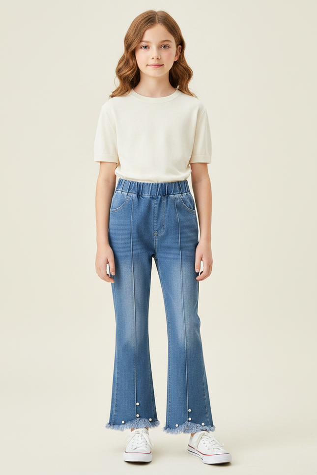 Pantalon Patte D'Éléphant Denim Bleu Élastique Perles Franges Fille - Jean