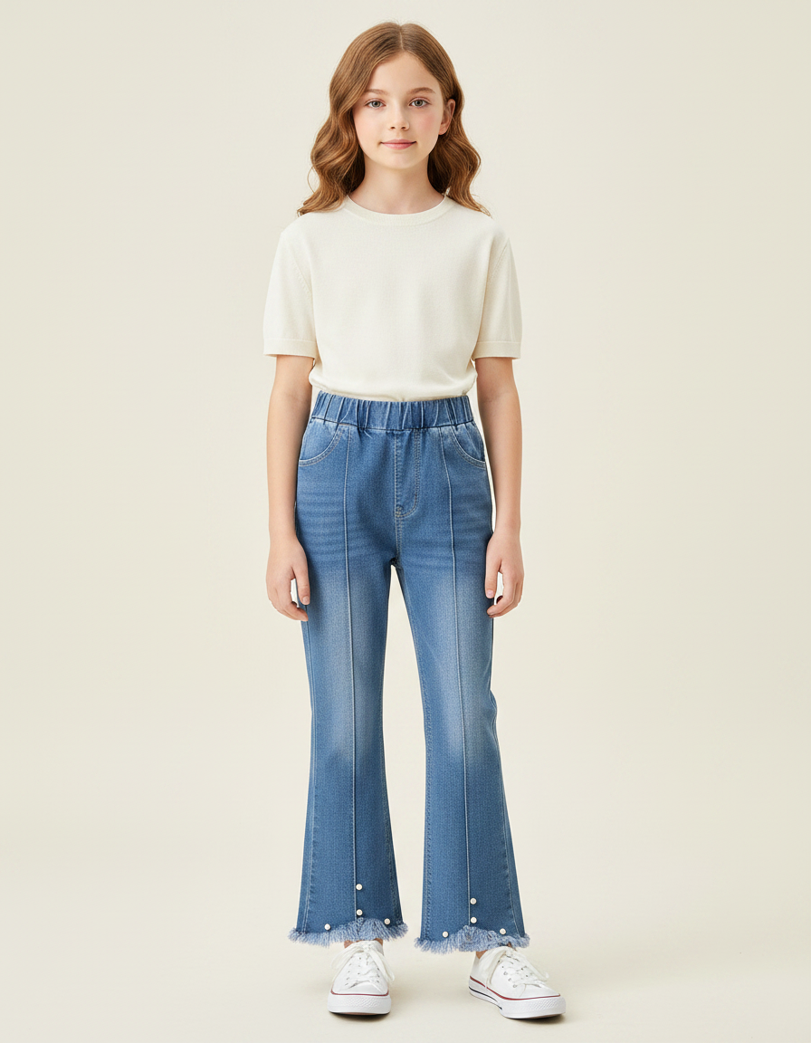 Pantalon Patte D'Éléphant Denim Bleu Élastique Perles Franges Fille - Jean
