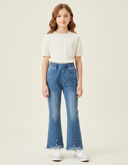 Pantalon Patte D'Éléphant Denim Bleu Élastique Perles Franges Fille - Jean