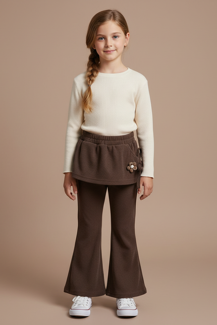Pantalon Patte D'Éléphant Marron Côtelé Évasé Fille Confortable - Cordé