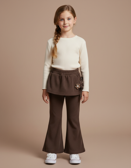 Pantalon Patte D'Éléphant Marron Côtelé Évasé Fille Confortable - Cordé