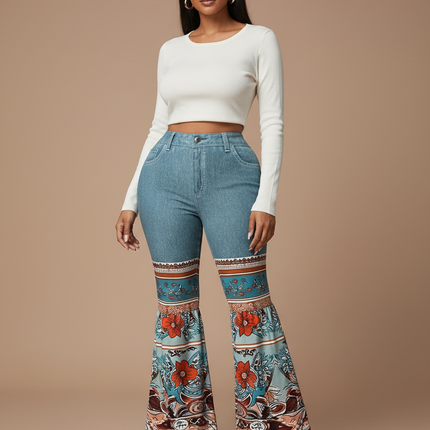 Pantalon Patte D'Éléphant Bleu Imprimé Floral Vintage Denim - Jean